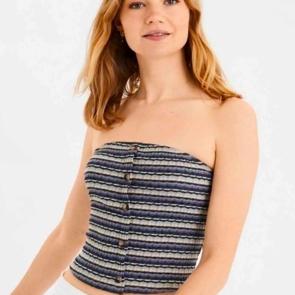 American Eagle CS Blue Striped Button Front Tube Top Size XS